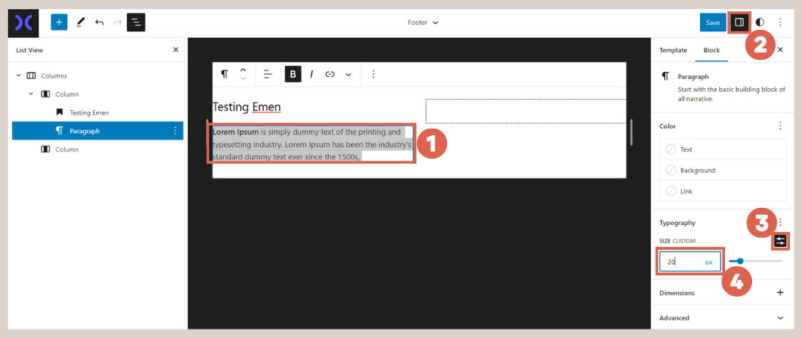 how to create footer using Gutenberg WordPress