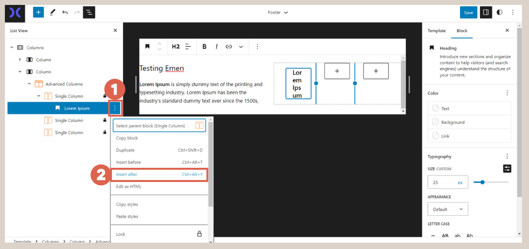 Create navigation menu in the footer