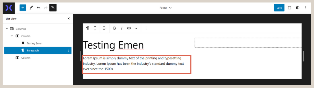 how to create footer using Gutenberg WordPress
