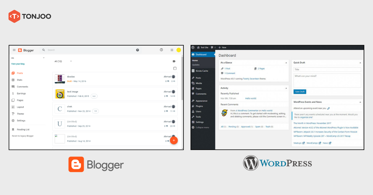 A comparison of the editor interfaces in Blogger and WordPress.