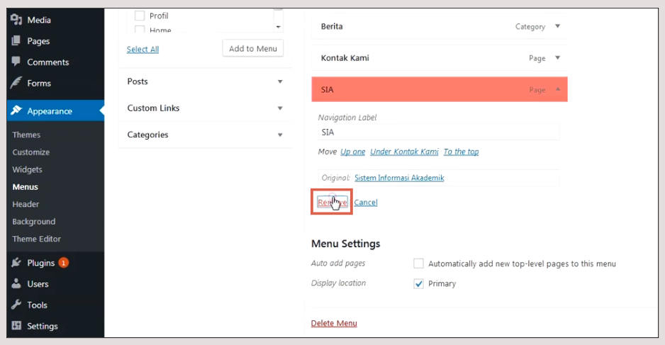 Remove a Navigation Menu in the Classic Editor