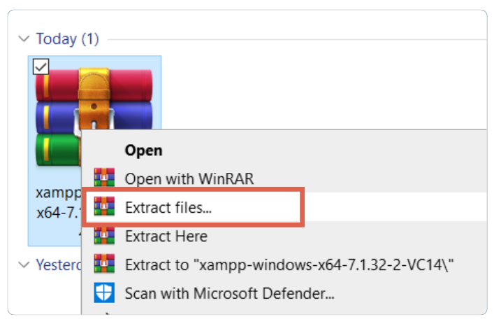 Extracting the downloaded XAMPP file