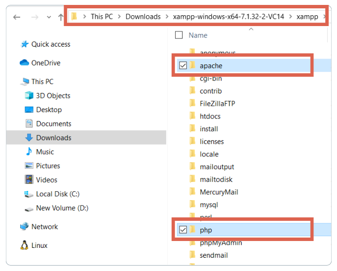 Copying apache and php folders from extracted XAMPP