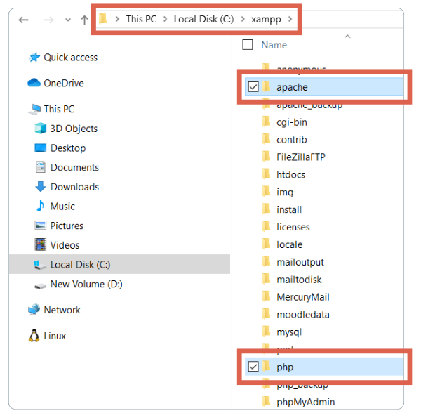 Pasting apache and php folders into the installed XAMPP directory
