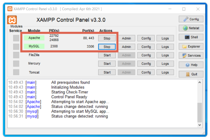 XAMPP Control Panel with Apache and MySQL active