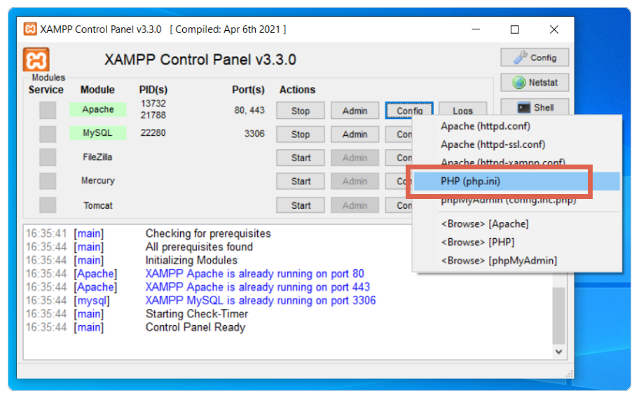 Open php.ini from XAMPP Control Panel