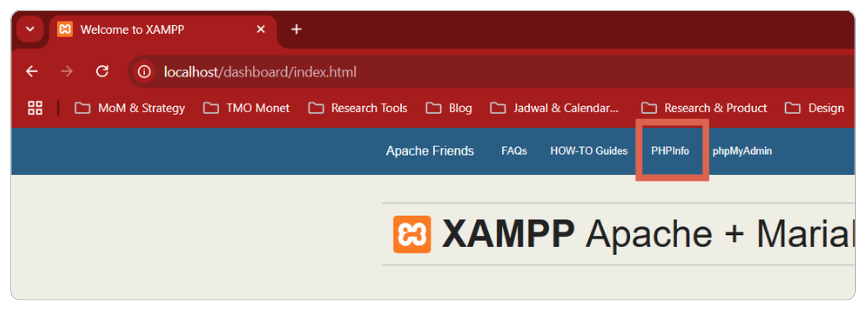 Browser showing localhost and PHPInfo tab