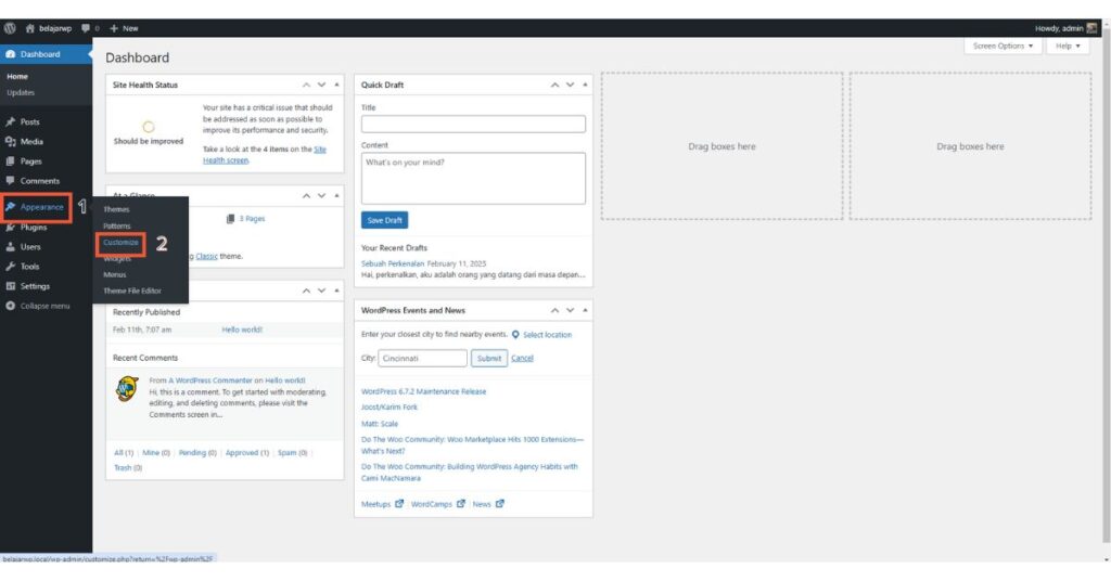 Cara Edit CSS WordPress akses customizer dari backend