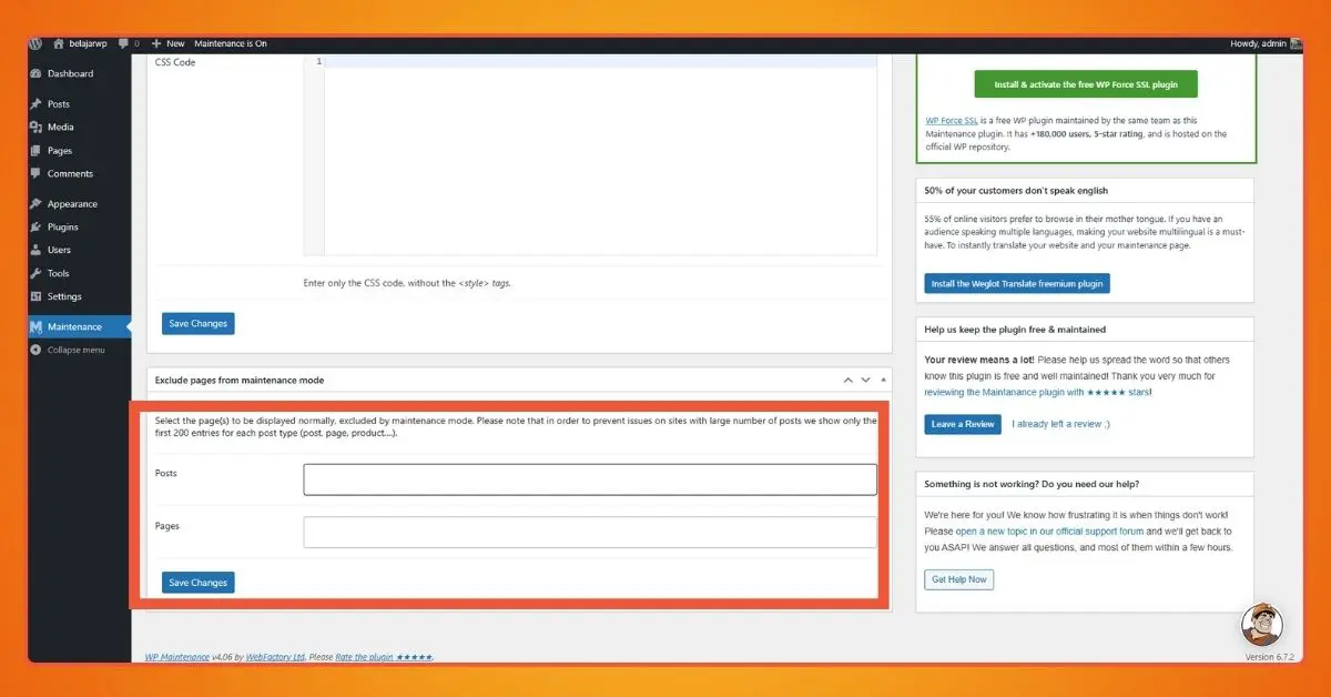 In addition to CSS settings, this plugin also allows you to exclude specific pages that visitors can still access while the rest of the site is in maintenance mode.