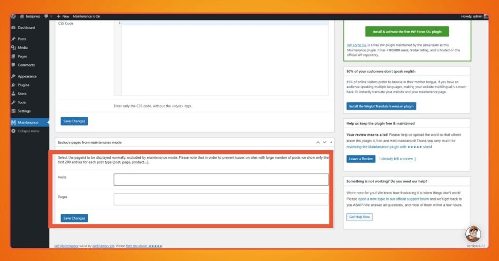 Selain tersedia pengaturan CSS, plugin ini juga dapat membuat pengecualian halaman yang dapat diakses pengunjung saat website dalam mode maintenance.
