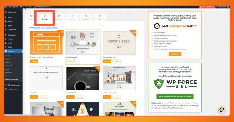 The theme selection page for the Under Construction plugin. The selection is limited in the free version.