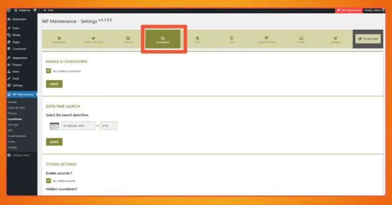 The countdown timer settings page in WP Maintenance.