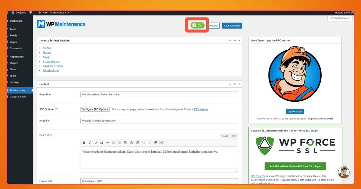The settings page for the Maintenance plugin. A toggle makes it easy to switch the website into maintenance mode.