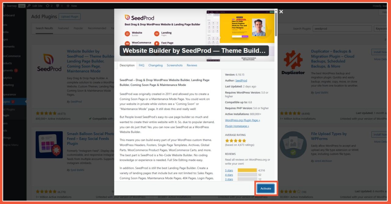 Tampilan instalasi plugin SeedProd