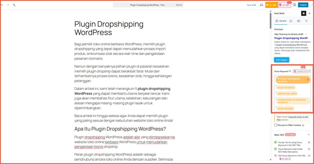 Cara setting focus keyword Rank Math