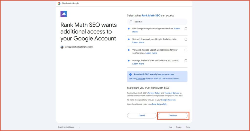 Cara menghubungkan akun Rank Math
