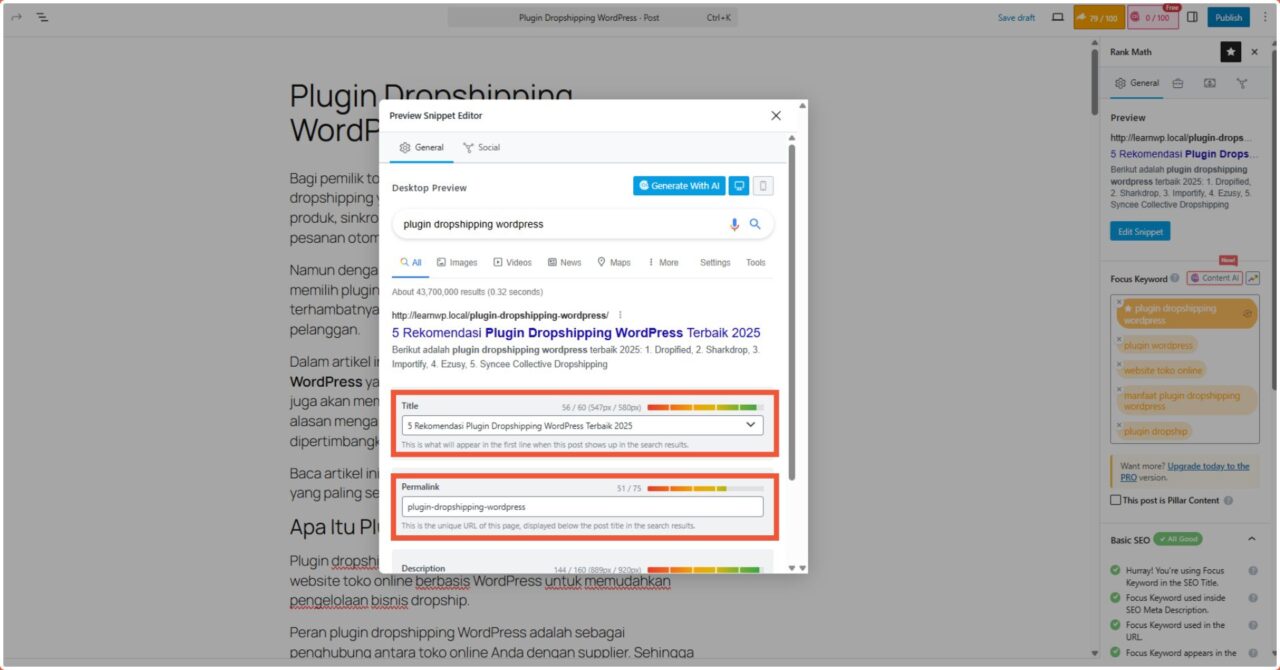 Setting SEO on Page SEO Title dan Permalink Rank Math