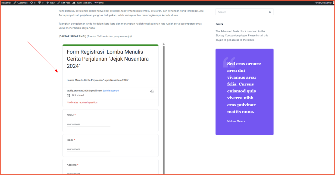tampilan Google Forms di WordPress
