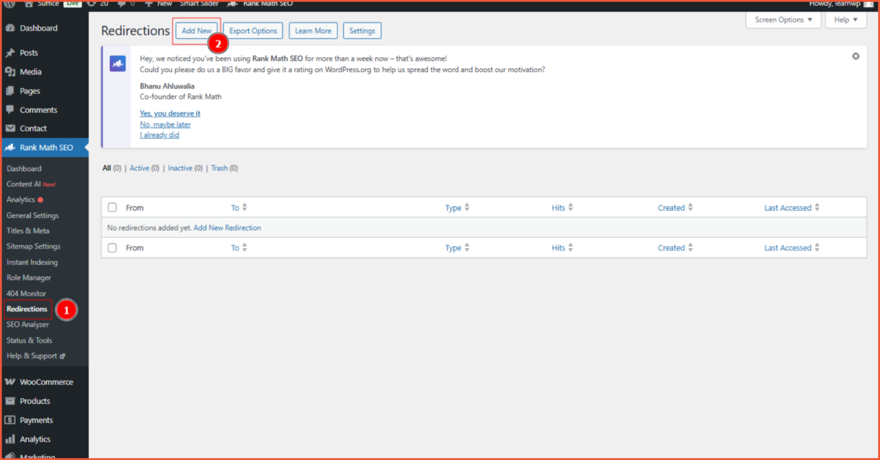 Open the Redirections Page