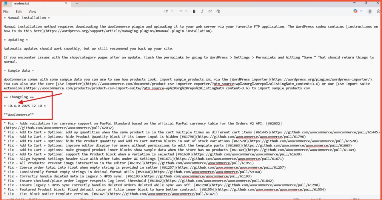 The WooCommerce version in readme.txt is located near the Changelog section.