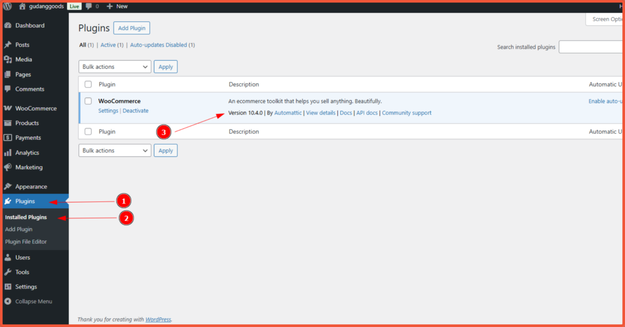 Check WooCommerce version from the Plugins menu in the WordPress dashboard.