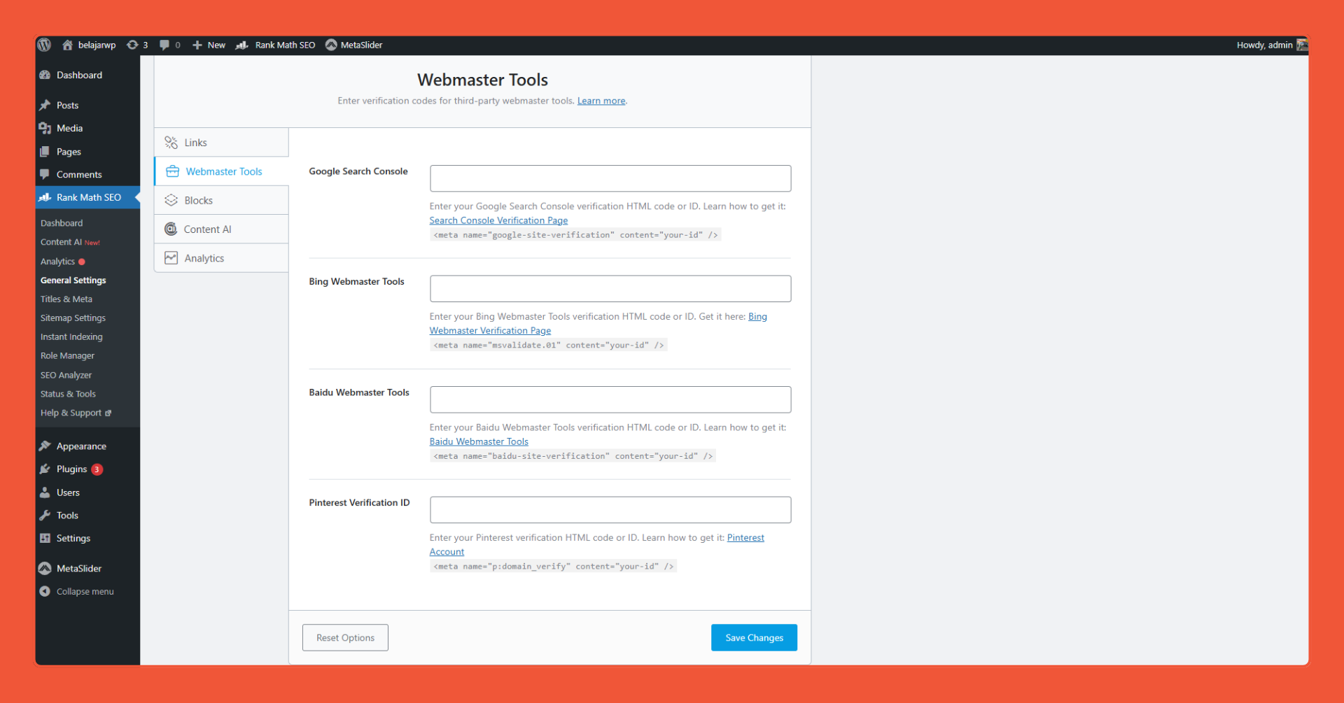 Rank Math general settings integrasi webmaster tools