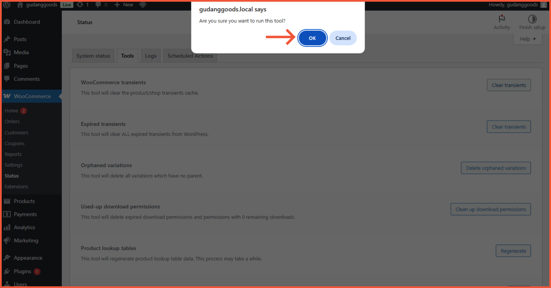 cara clear cache WooCommerce menggunakan WooCommerce Status Tools