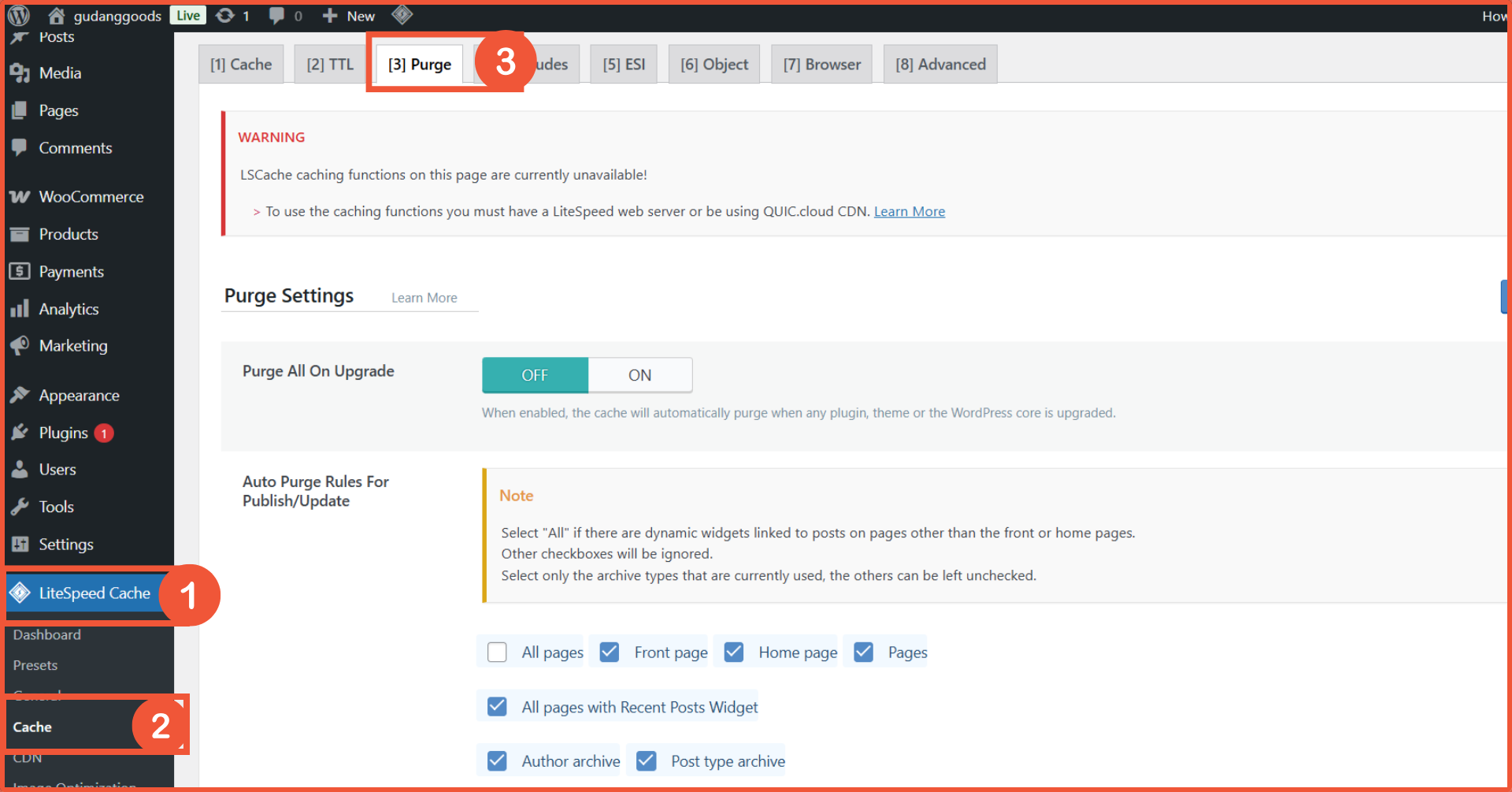 cara clear cache WooCommerce menggunakan LiteSpeed cache