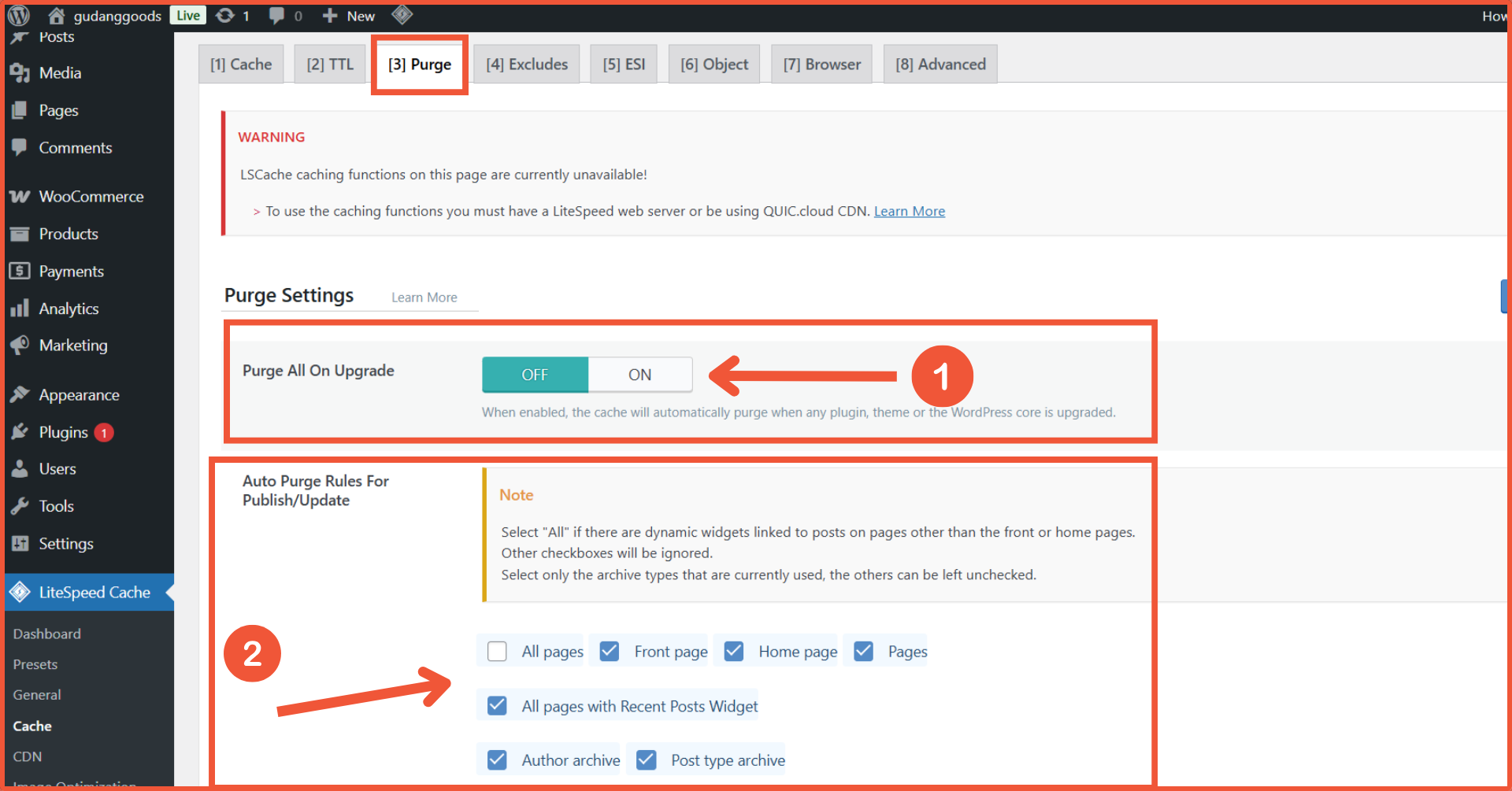 cara clear cache WooCommerce menggunakan LiteSpeed Cache